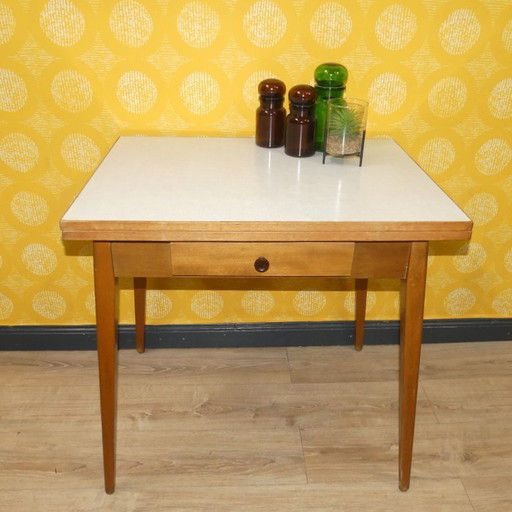 Table de cuisine pratique des années 50 79x59/118 mécanisme pliant-rotatif avec tiroir rétro vintage