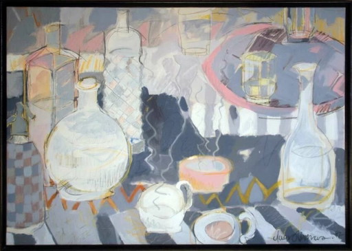 Clara Oliveras – « Nature morte aux bouteilles » – Huile sur toile (Signée)