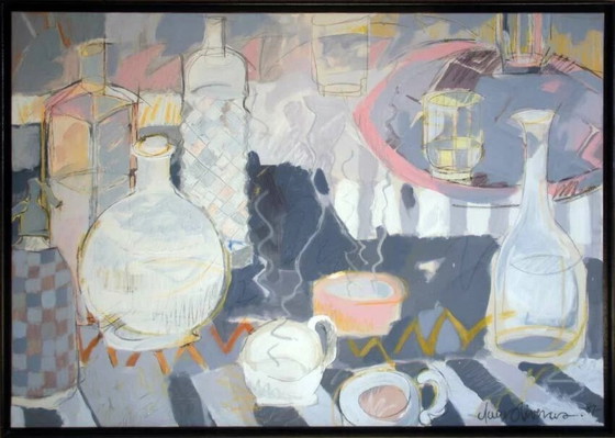 Image 1 of Clara Oliveras – "Still Life with Bottles" – Oil on Canvas (Signed)