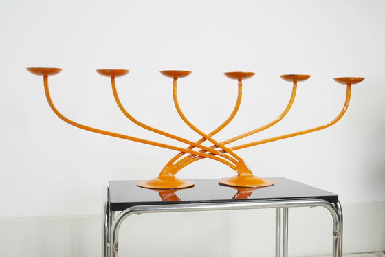 Image 1 of  1970s Orange Candelabra Large Metal Sculptural Mid Century Retro Candle Holder Space Age Statement Centrepiece 