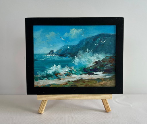 Origineel olieverfschilderij: Zee- en rotslandschap, zeegolven die tegen de rotsen slaan.