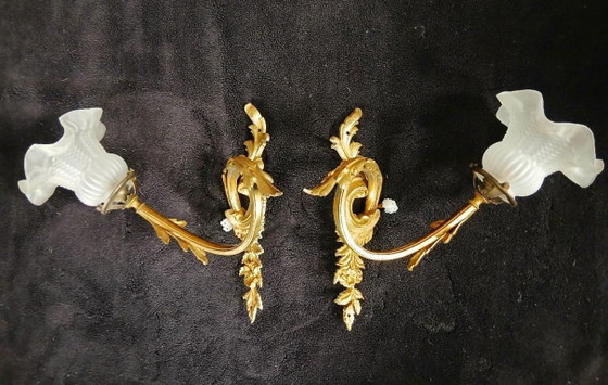 Art Nouveau wandlampen van brons en messing – Bronze, Glass (photo 5 of 10)