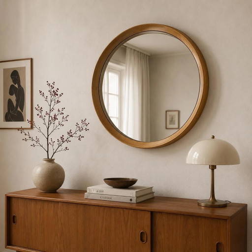 Mid-Century Wandspiegel aus den 1950er Jahren – Runder Holzspiegel mit vertieftem Spiegelglas, 66 cm Durchmesser