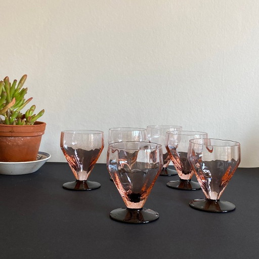 6 bicchieri da vino o da acqua rosa in stile art déco con stelo nero