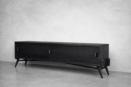 Image 1 of Vintage Mid-Century Scandinavian Modern Dark Oak Sideboard with Wooden & Metal Handles, 1960s