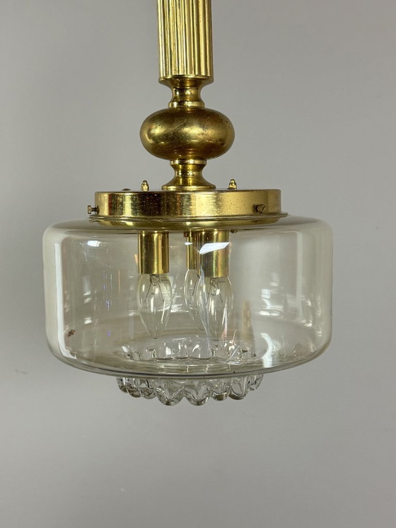 Image 1 of Mid-Century Brass and Glass Pendant Lamp, Attributed to Doria. Germany, 1960s.