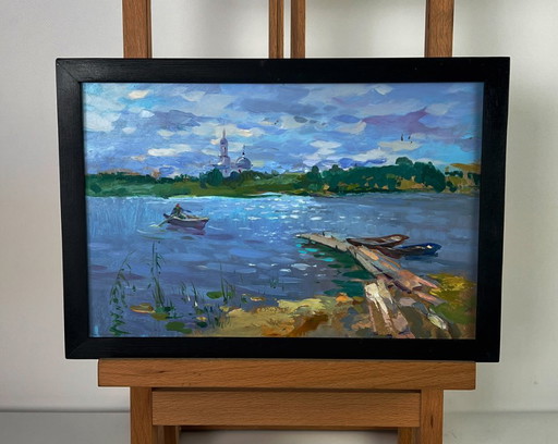 Origineel olieverfschilderij: Natuurlandschap, Kerk, Boot, Zomer, Vissen op de rivier