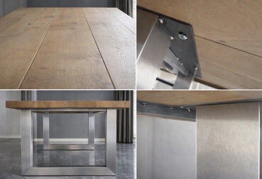 Table de salle à manger en chêne massif (230 x 120 cm) – style industriel avec pieds en acier inoxydable