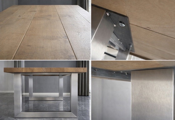 Image 1 of Table de salle à manger en chêne massif (230 x 120 cm) – style industriel avec pieds en acier inoxydable