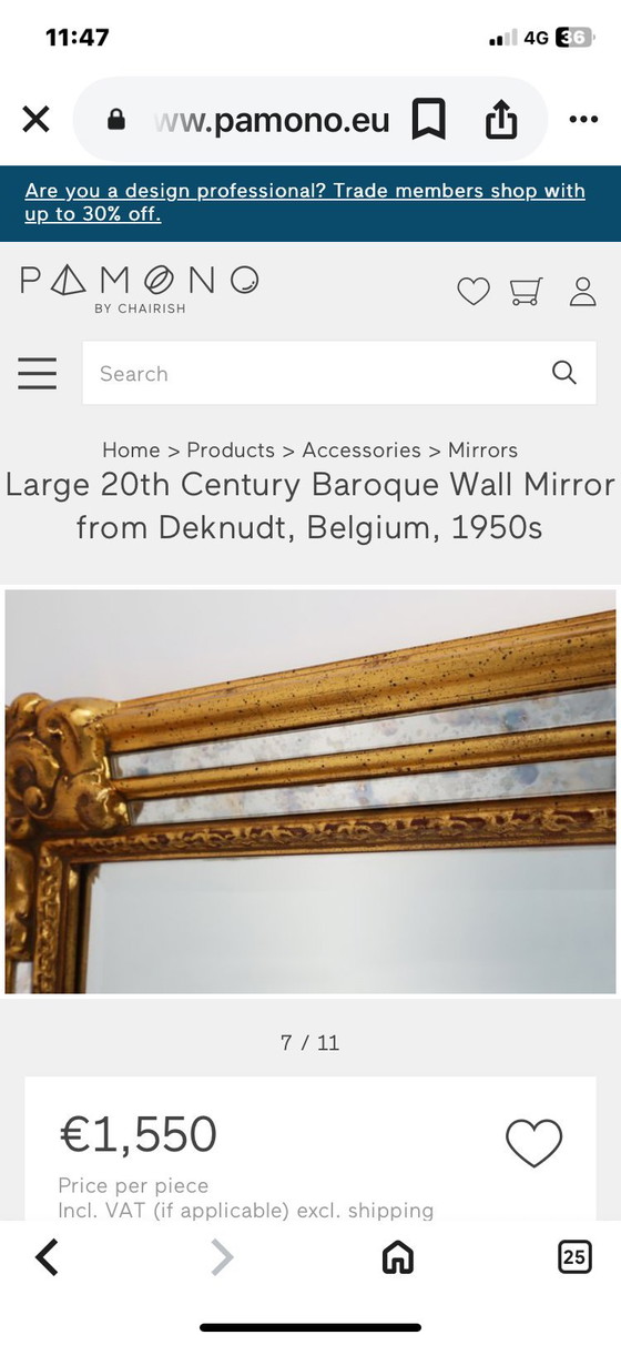 Image 1 of Grande specchio da parete barocco del XX secolo proveniente da Deknudt, Belgio,