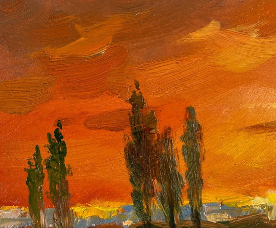 Image 1 of Original Oil Painting Sunset Field Landscape Evening Moment