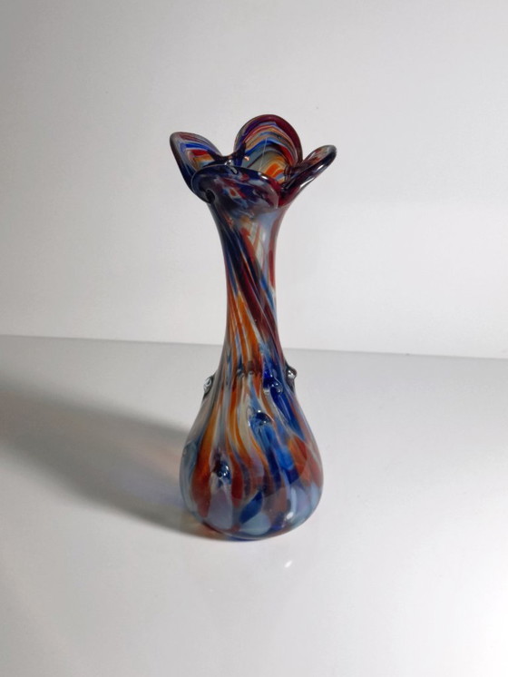 Image 1 of Murano confetti glass flower vase, blue and orange speckled, 1970s mid-century vase, Italy