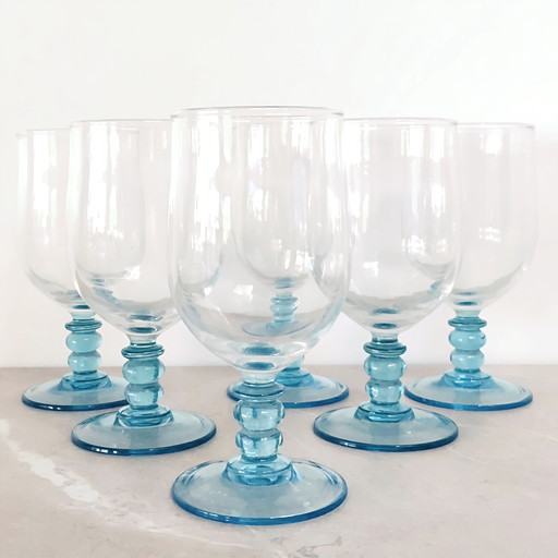 Set Of 6 Vintage Luminarc Wine Glasses With Elegant Bright Blue Base