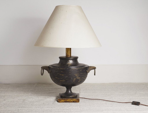  Italian Neoclassical Amphora Table Lamp Black Patina Urn Base with Brass Handles Vintage Classical Lighting 