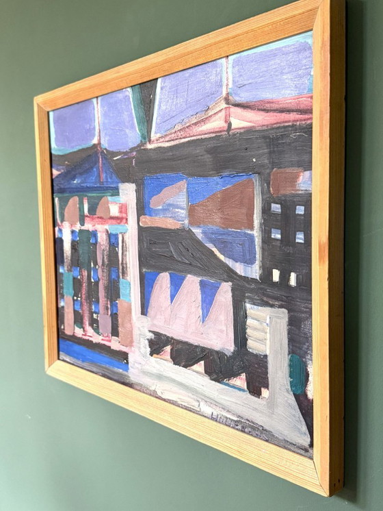 Image 1 of Peinture à l'huile originale abstraite des années 1950 « Abstract Metropolis » de Tore Hultcrantz