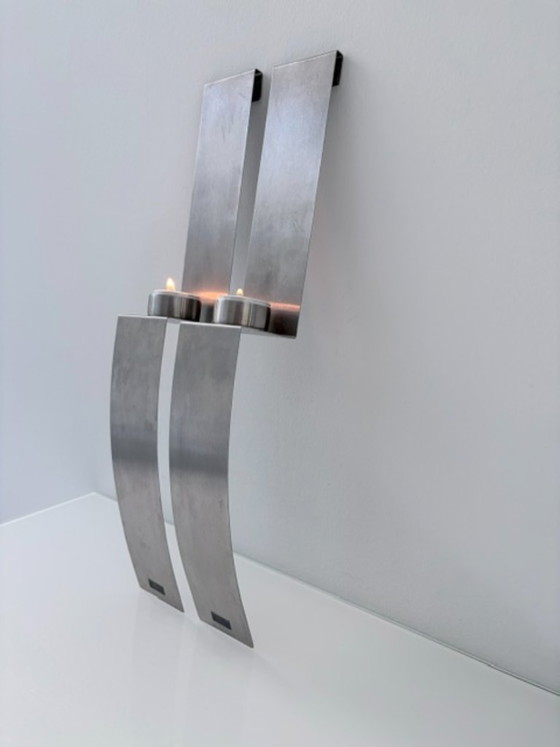 Set van 2 RVS design wandkandelaars 45 cm, Wanddecoratie, Roestvrij staal, Zilver (foto 5 van 15)