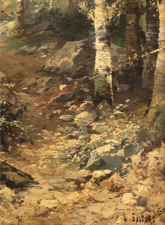 Image 1 of Huile sur toile ancienne signée, paysage de sous-bois 1893, cadre doré