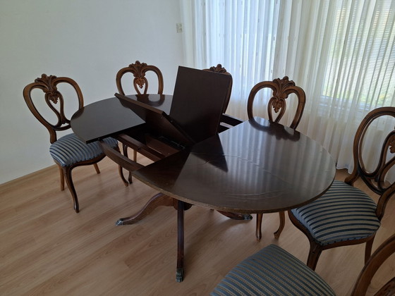 Biedermeier Oval Dining Set for 4/6 people with 6 Chairs, Velvet, Wood, Brown (photo 5 of 8)
