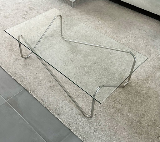 Vintage salontafel van glas met chrome buisframe – Bauhaus stijl