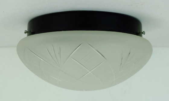 Image 1 of small CEILING FIXTURE or sconce 70s etched glass geometric pattern