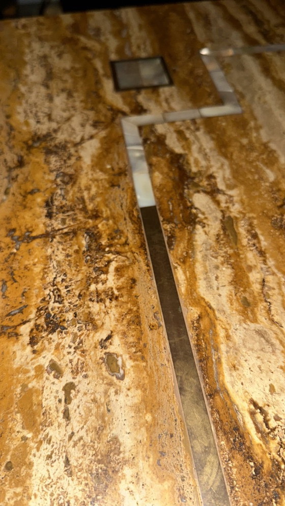 Image 1 of Travertine coffee table with mother-of-pearl inlays
