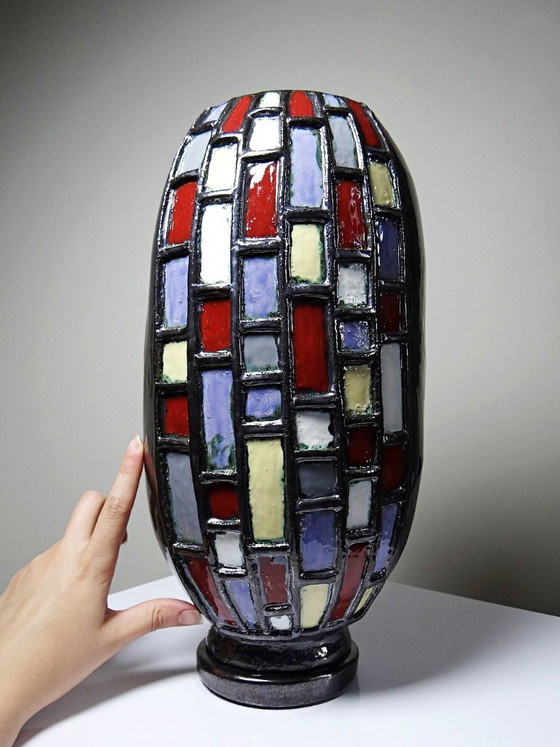 Image 1 of Large modernist vase in vintage black glazed ceramic art pottery from the 1950s-1970s