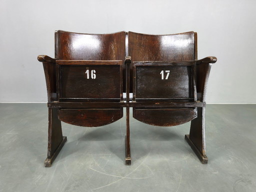 1940s Thonet Cinema Double Seat, Beech Wood Theater Bench