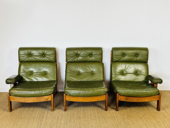 Image 1 of Scandinavian sofa in green leather and oak, 1960, Set of 3