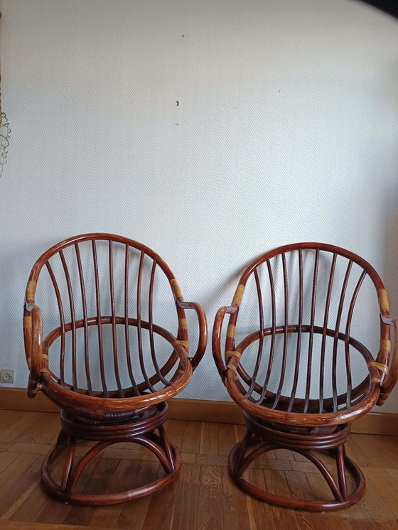 Image 1 of 2x swivel rattan armchairs 1970