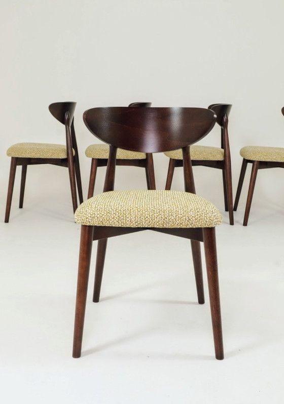 Image 1 of Set van 6 eetkamerstoelen, licht beukenhout, stof met groen patroon, modern ontwerp