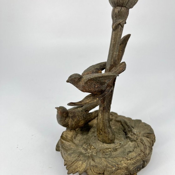 Image 1 of Antiker figürlicher Kerzenleuchter mit Vögeln, Zinkguss, um 1880–1900