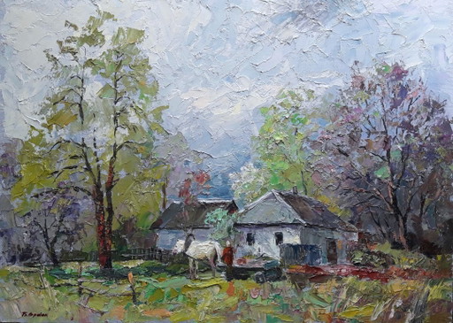 Origineel olieverfschilderij Landelijk landschap Dorpsleven Ouderlijk huis