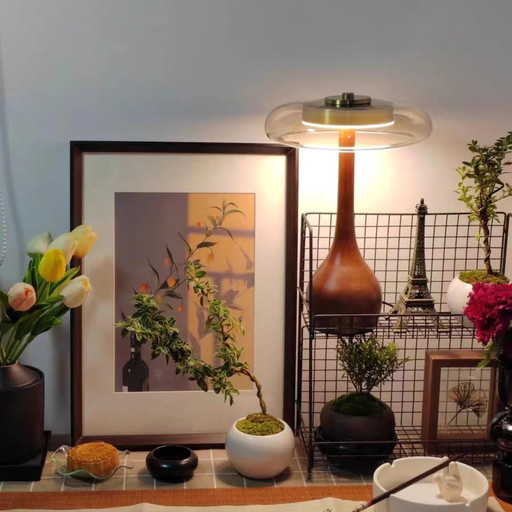 Lampe de chevet en bois | Lampe de table en bois faite à la main avec abat-jour en verre