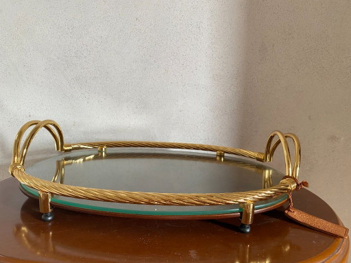 Plateau de service vintage Scalella Firenze en loupe de bois plaqué or 24 carats – 36 cm – tafelaccessoires, Wood, Metal
