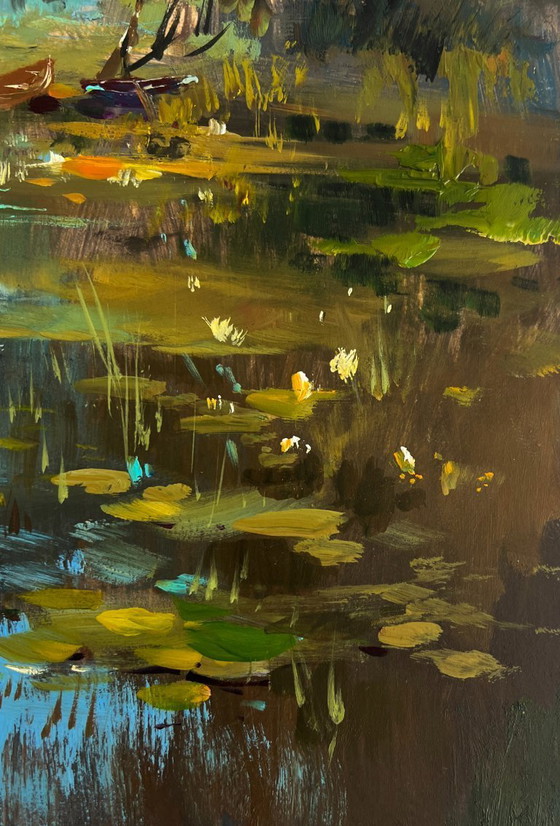 Image 1 of Original Oil Painting Summer River Landscape Quiet fishing