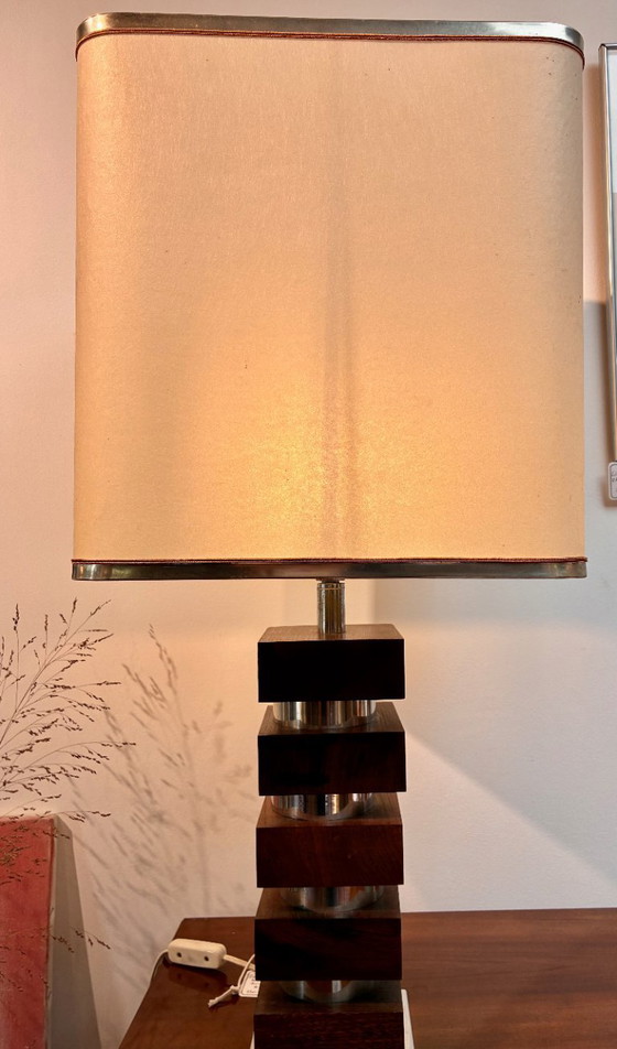 Large Vintage Architectural Table Lamp – Stacked Noble Wood & Chromed Metal Base, Rectangular Lampshade (photo 4 of 6)
