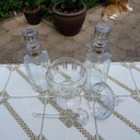 Unique crystal glass bowl with two decanters.