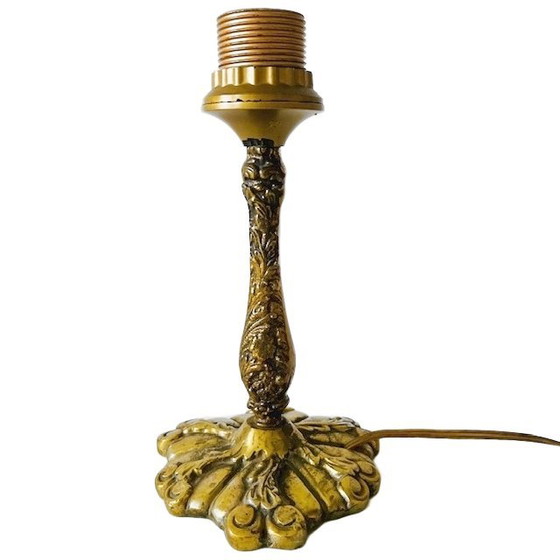 Image 1 of Antieke Art nouveau tafellamp messing goud grijze lampenkap 1910's