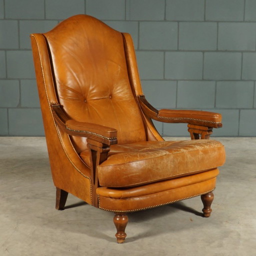 Fauteuil vintage en cuir marron – Wood, Leather