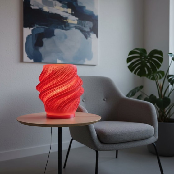Image 1 of Design Table Lamp – 3D Printed PLA – Sculptural Swirl – Warm Red/Orange Glow