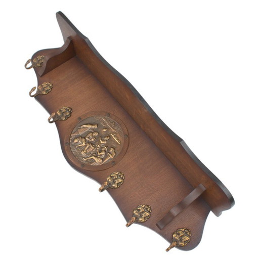 Vintage authentic antique coat rack with embossed scene, hat shelve clothing hanger hallway eye-catcher 32.68 inch 83 cm
