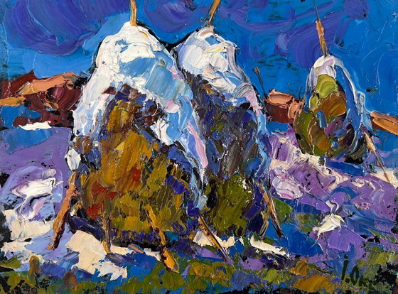 Image 1 of Original Oil Painting Winter Field Landscape Hay under the snow