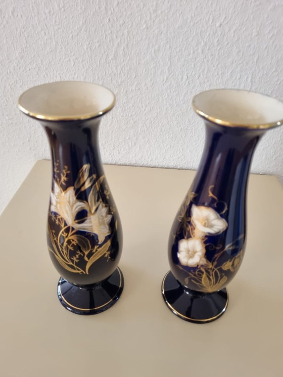 Image 1 of Vasi in porcellana di Limburgo (2x) – blu cobalto con fiori dorati – vintage, realizzati in Germania