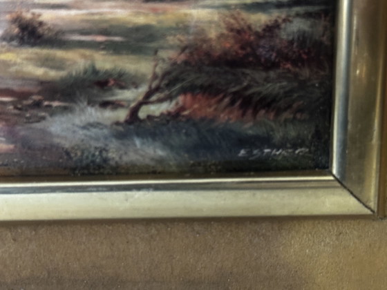 Enamel on Metal Signed ESTHER – Pastoral Landscape – Vintage Framed – Paintings & Drawings, Wood (photo 8 of 13)