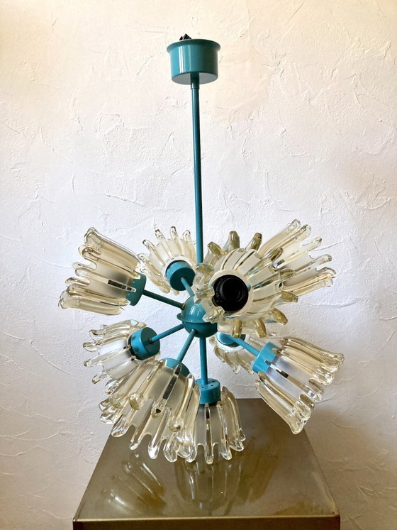 Image 1 of Large 9-light chandelier in molded glass and turquoise metal, Leclaire & Schäfer – 1960s