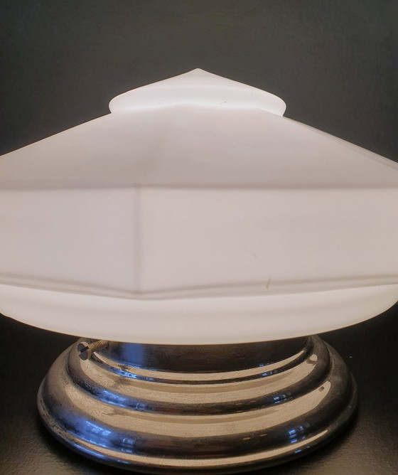 Image 1 of Art Deco ceiling light made of opal glass. Unique shape with a retro design.