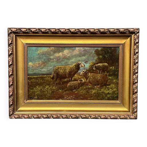 Paul Schouten (1860–1922). Peinture originale signée « Moutons ». Huile sur panneau. – schilderijen tekeningen, Wood