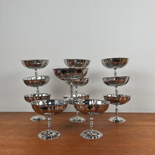 Set of 12 stainless steel ice cream cups, flower pattern, high foot