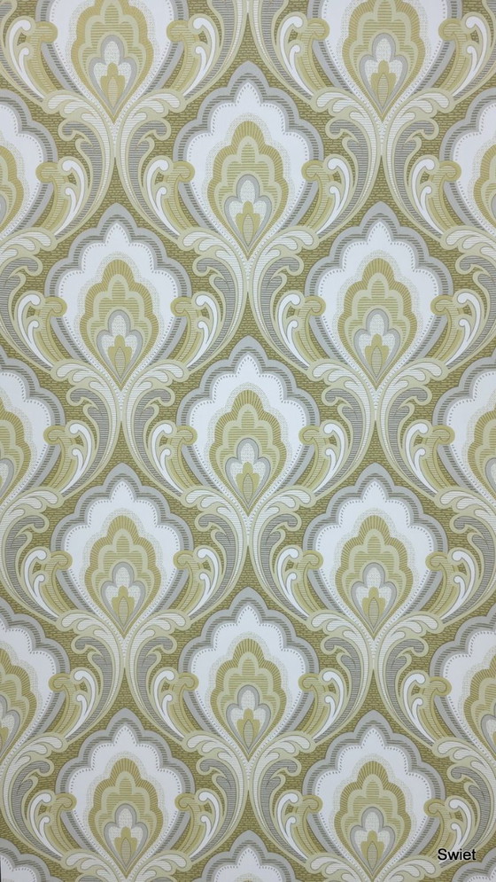 Image 1 of Papier peint baroque classique 14302, vert olive avec accents dorés
