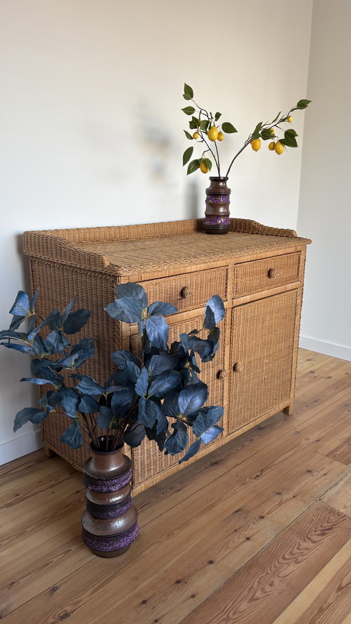 Vintage Woven Rattan Large Sideboard Buffet Cabinet/Commode